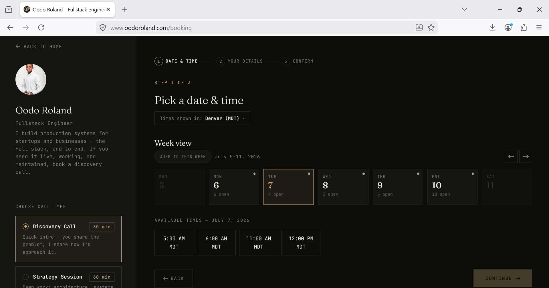 Booking page on Oodo Roland’s portfolio showing discovery and strategy call options for full-stack engineering work.