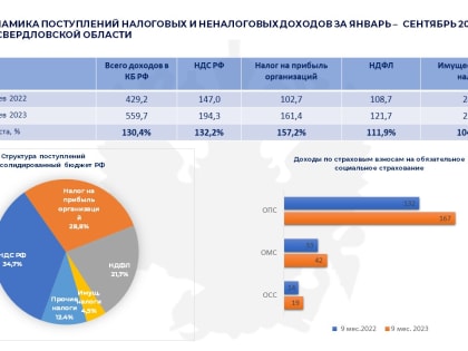 За 9 месяцев 2023 года с территории Свердловской области в бюджет РФ поступило 559,7 млрд рублей