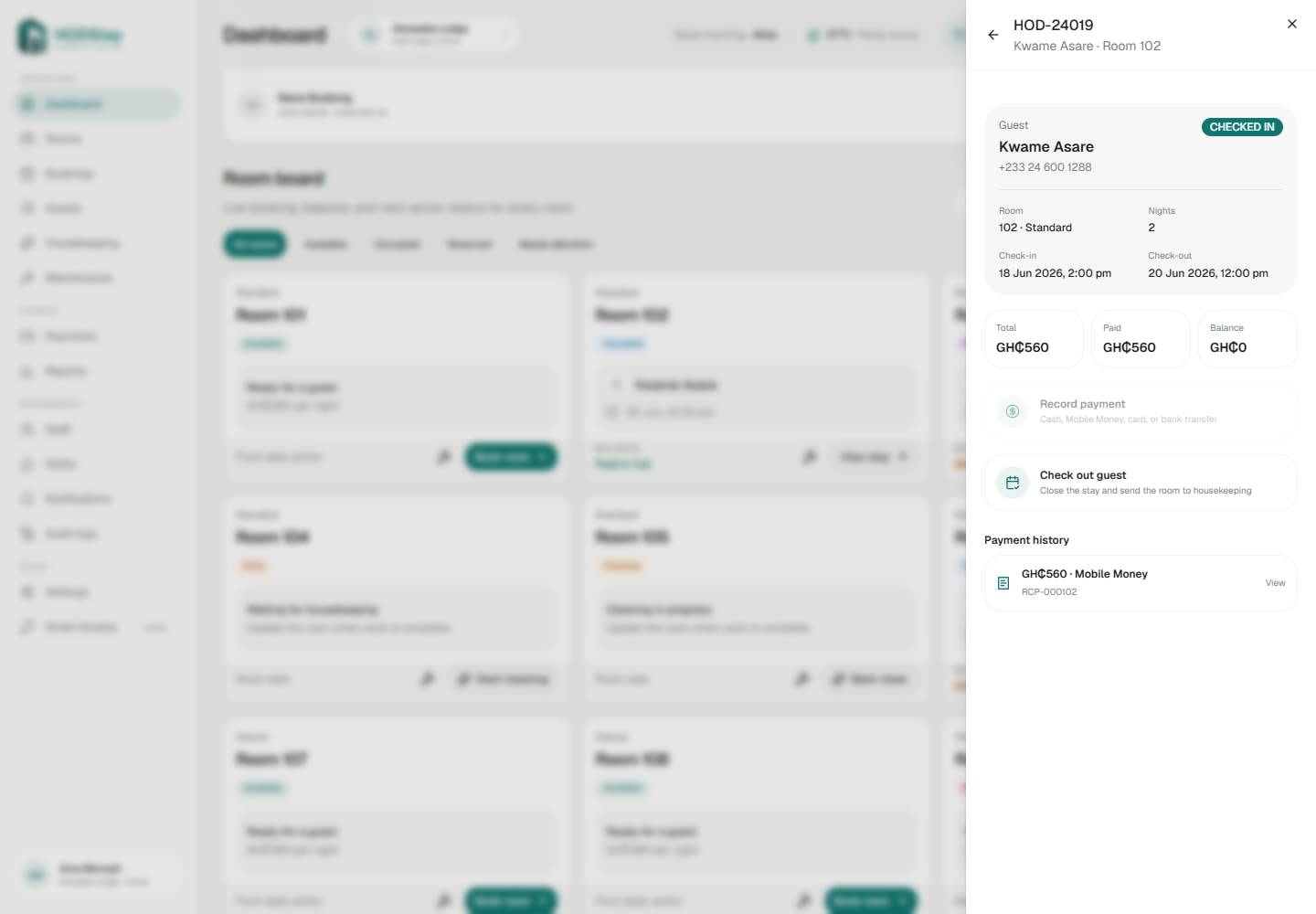 HODStay checkout and receipt workflow on desktop.