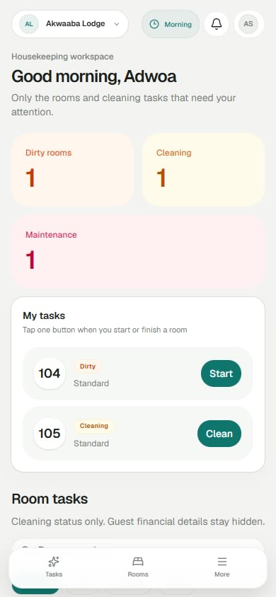 HODStay mobile housekeeping task view showing rooms that need cleaning and staff actions.