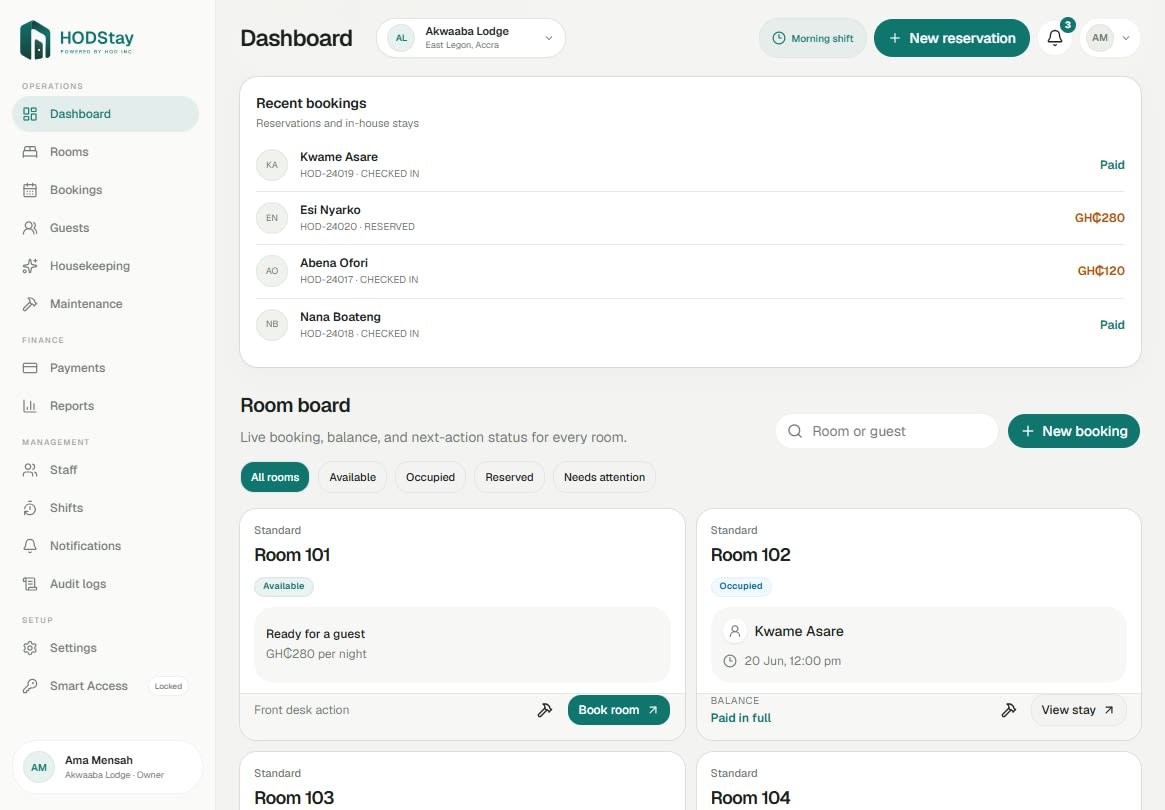 HODStay room board on tablet showing room cards and operational room statuses.