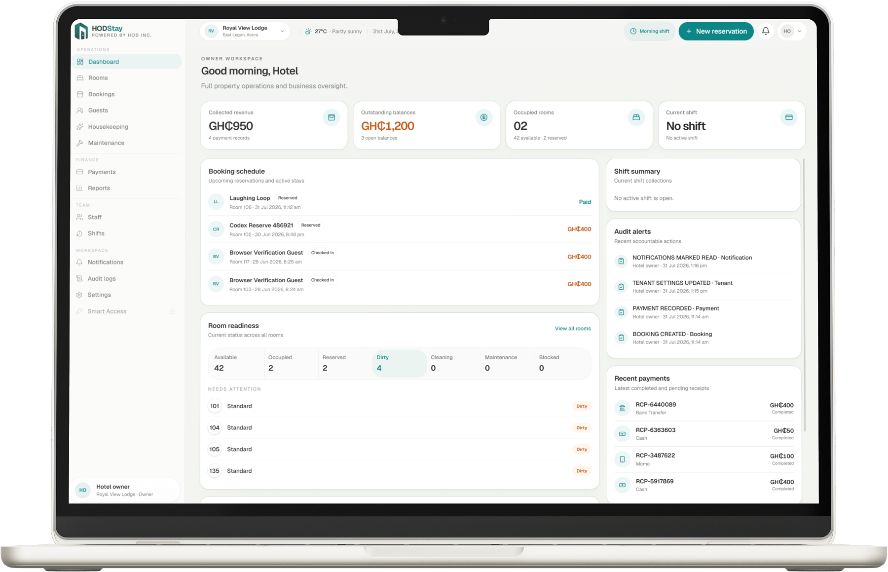 HODStay management dashboard presented inside a MacBook mockup.
