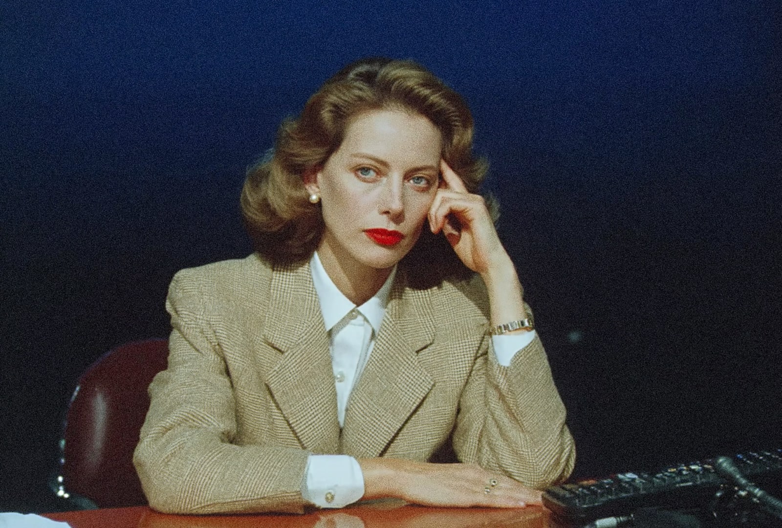 A person in a beige suit sitting at a desk with the person's hand on the person's chin.