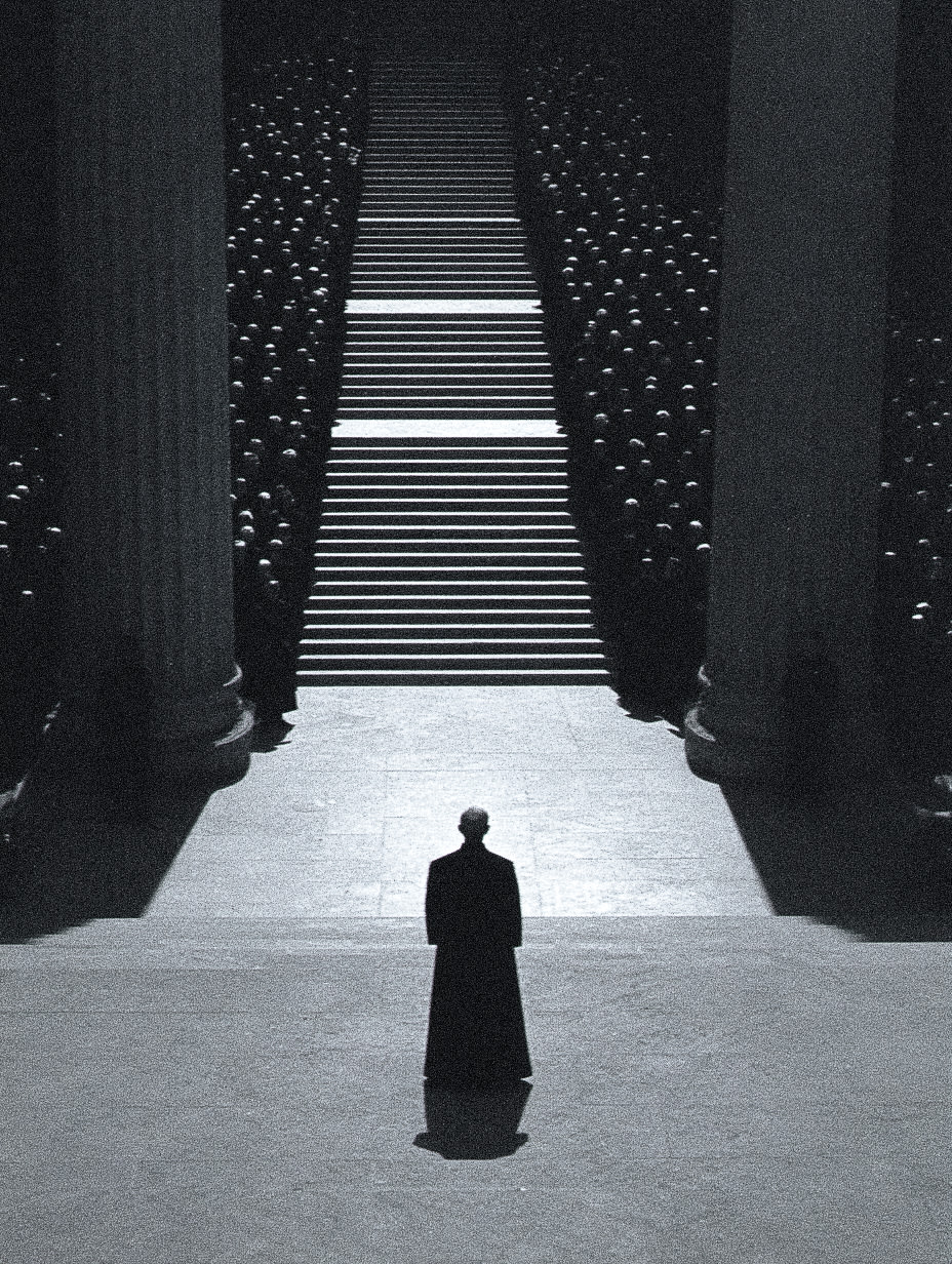 A lone figure standing at the base of a grand staircase in a dimly lit, expansive hall.