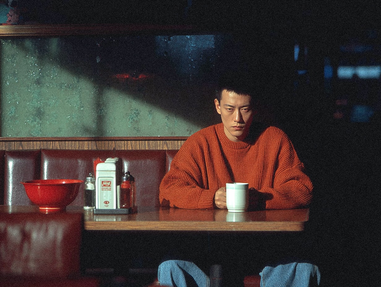 A person sitting at a table with a cup and a red bowl.