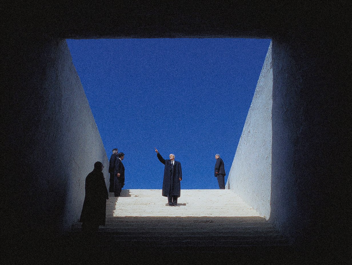 A person standing on a white platform with the person's arm raised, surrounded by other people in dark clothing, under a bright blue sky.
