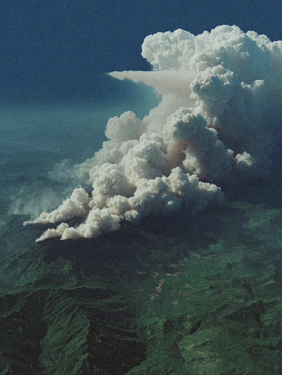 A large cloud of smoke rising from a mountain.