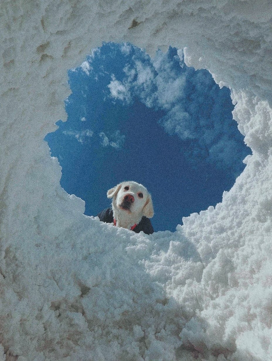 A dog looking out from a hole in the snow.