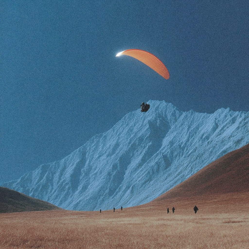 A person paragliding over a vast desert landscape with a large mountain in the background.