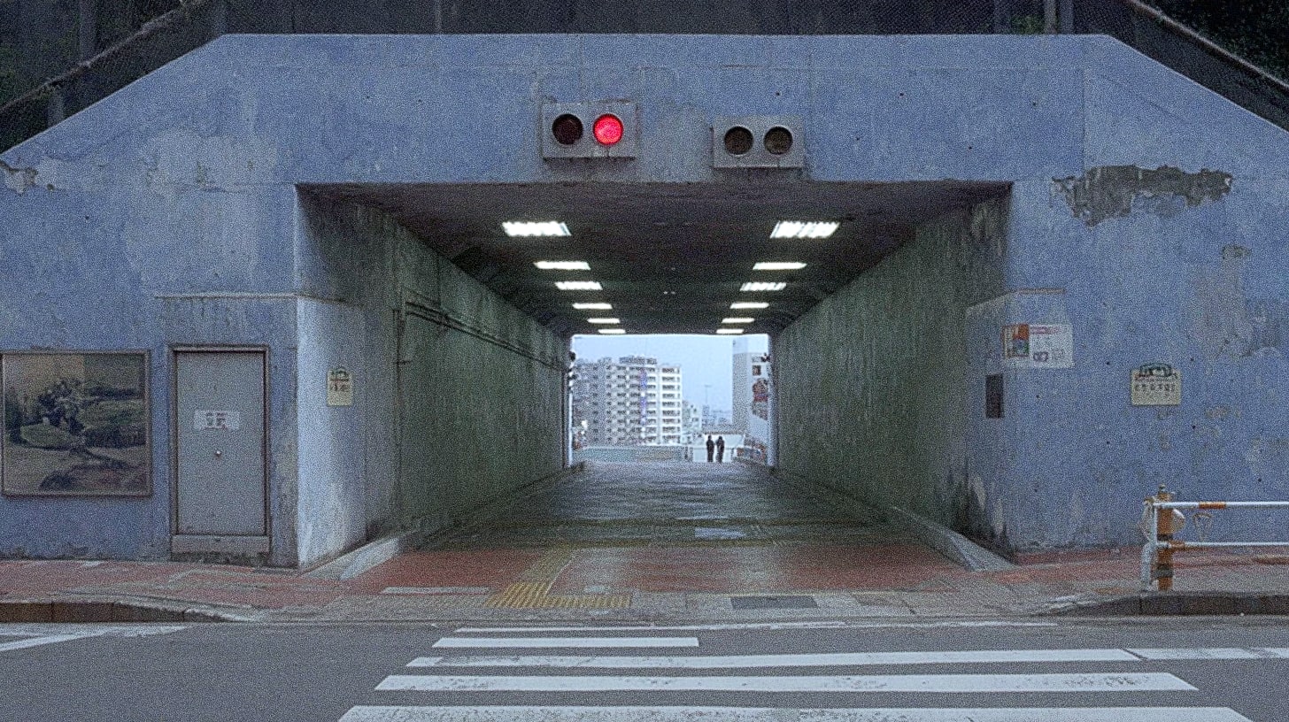 A blue tunnel entrance with a red light and a fire hydrant on the right side.