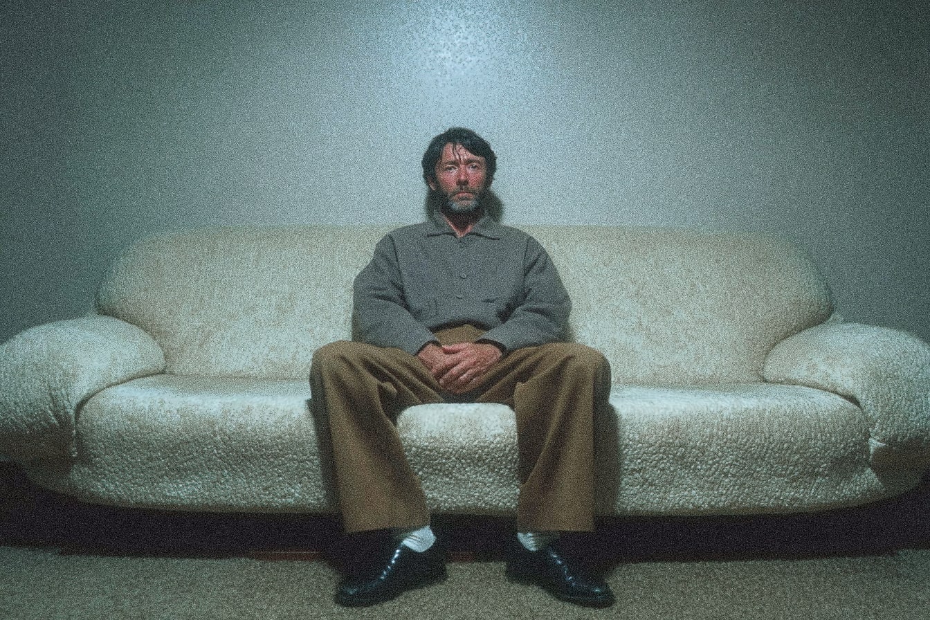 A person sitting on a beige couch with the person's hands folded in the person's lap.
