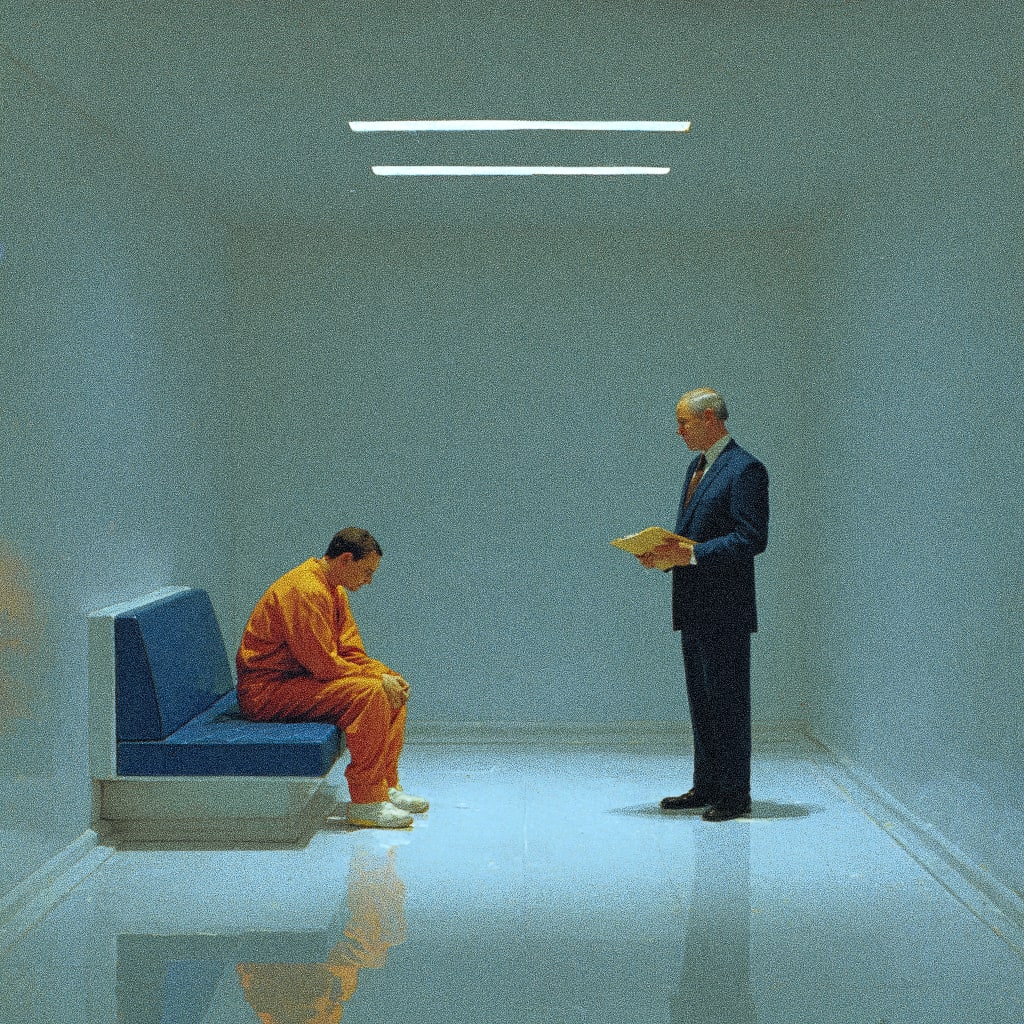 A person in orange jumpsuit sitting on a blue bench while another person in a suit stands holding papers.