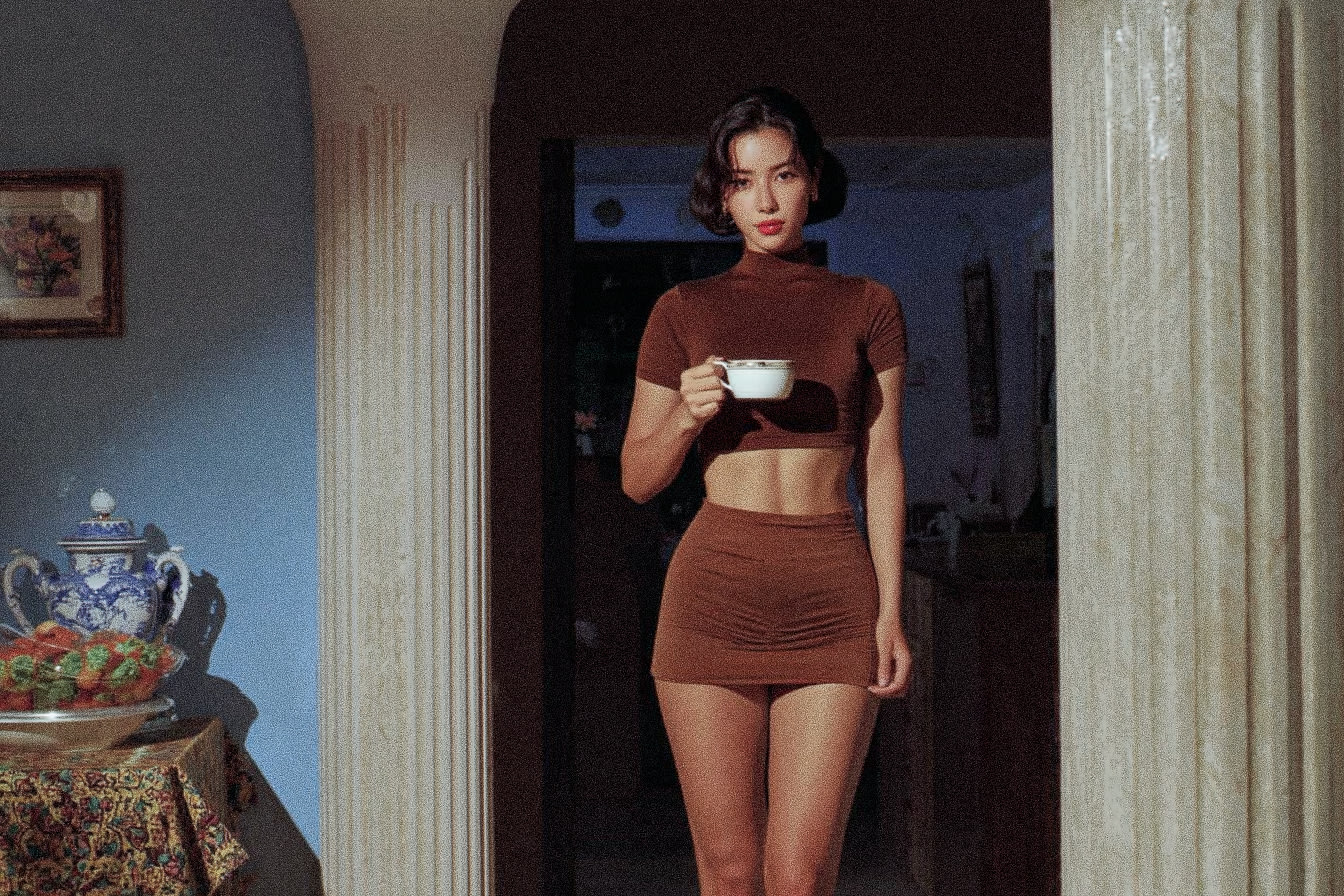 A person in a brown outfit holding a cup, standing in a doorway with a vintage tea set and fruit bowl in the background.