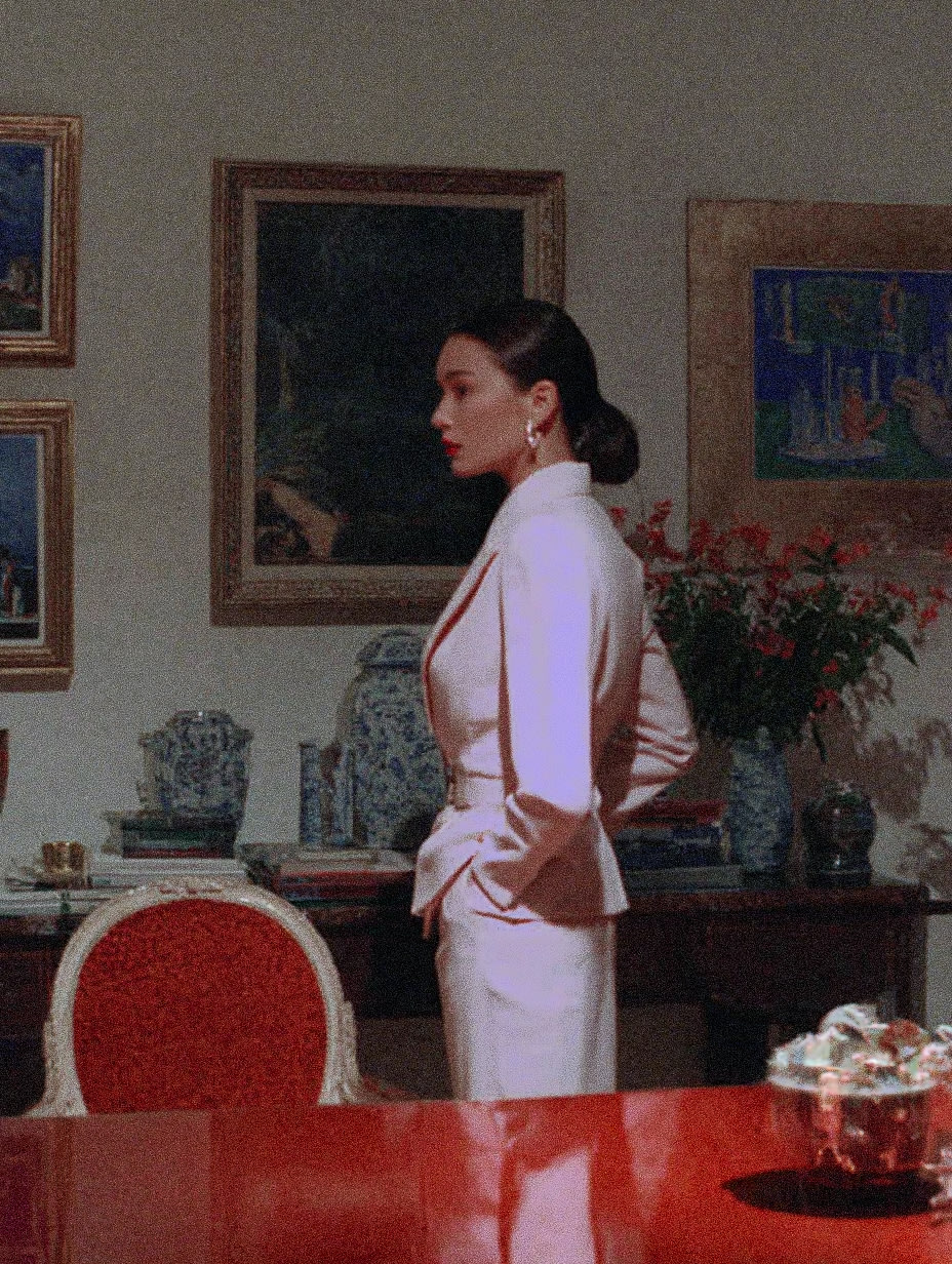 A person in a white dress standing in a room with framed pictures and a red chair.