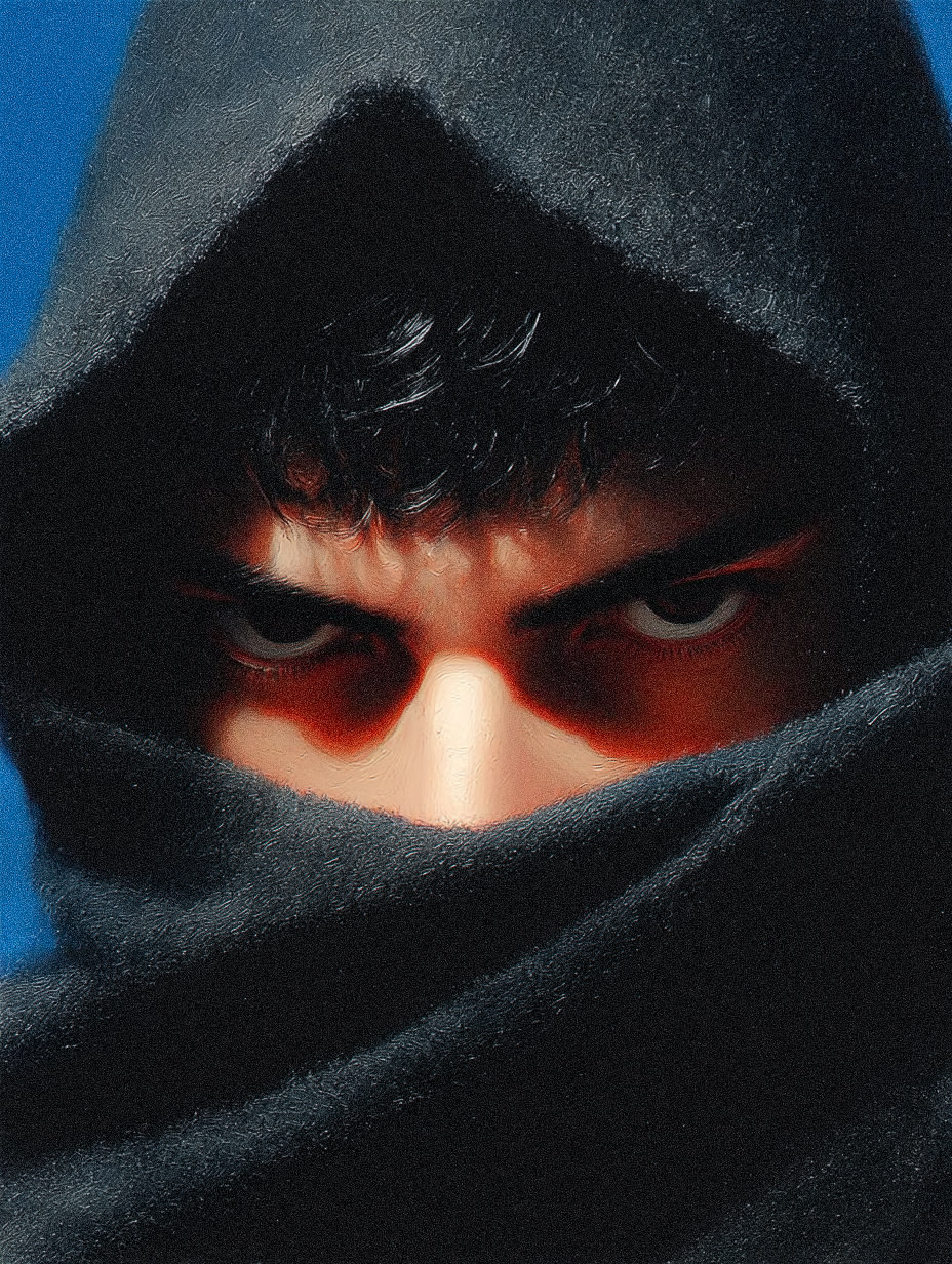 A person wearing a black hooded cloak with glowing eyes.