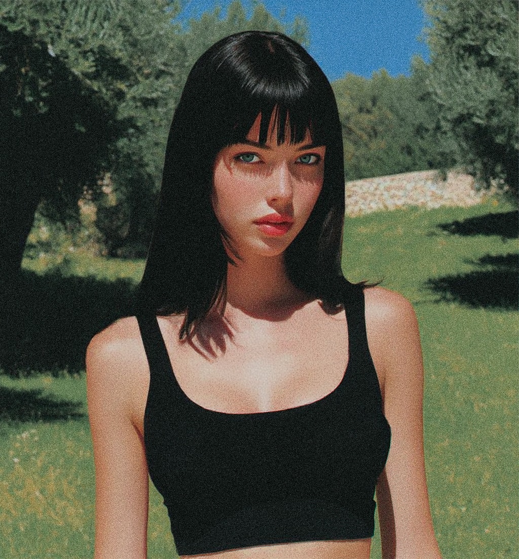A person with long black hair and a black crop top standing outdoors.