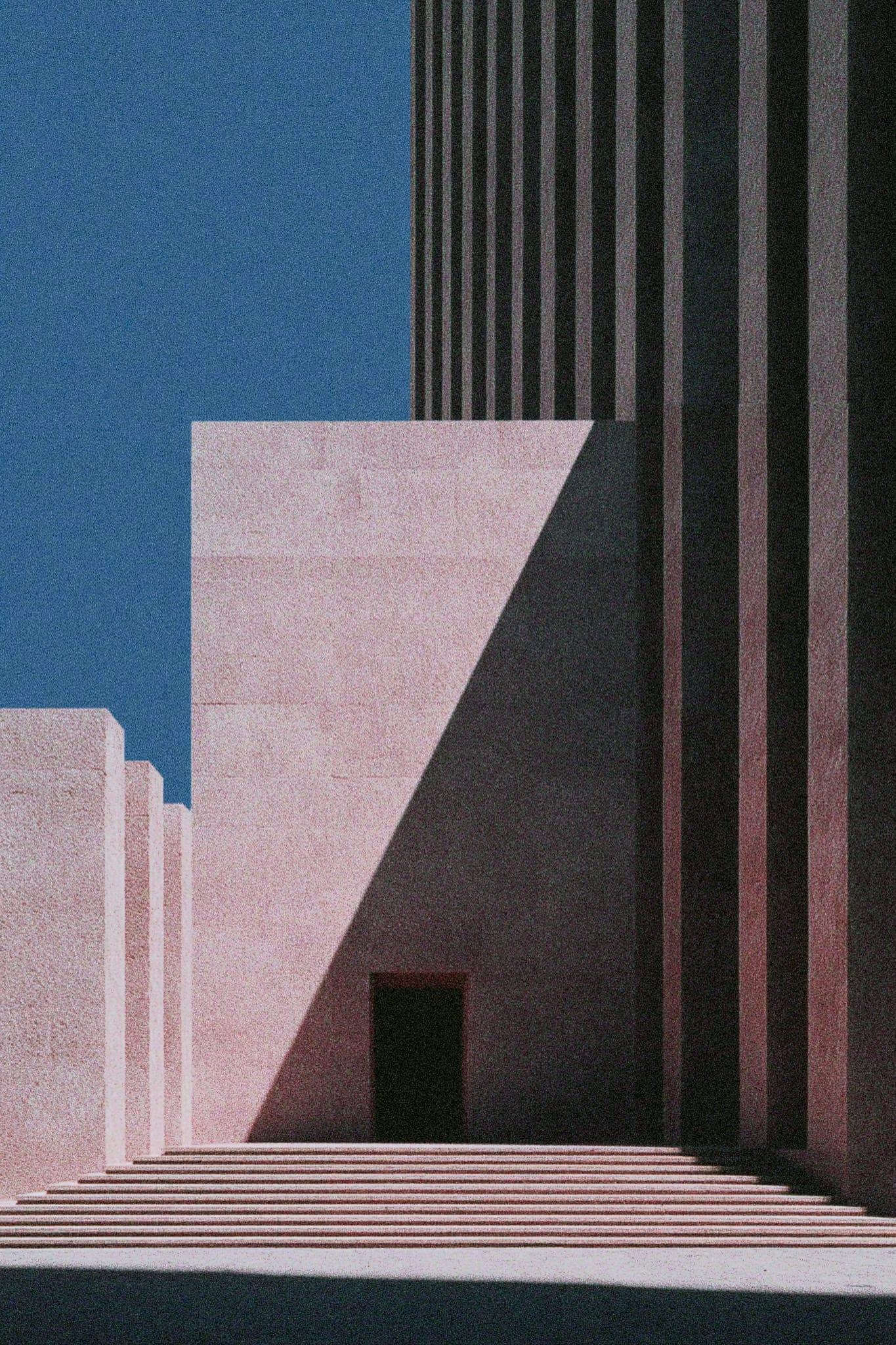 A modern architectural structure with geometric shapes and a blue sky background.