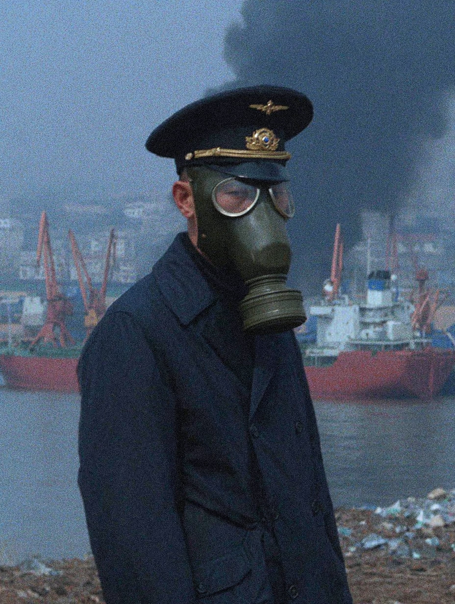 A person wearing a gas mask and military uniform standing in front of a harbor with ships and smoke in the background.