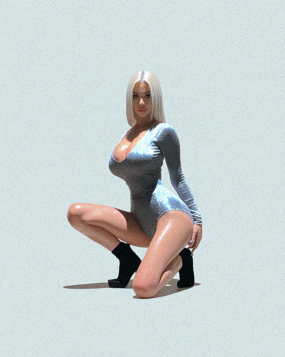 A person wearing a shiny blue bodysuit and black boots, posing in front of a light blue background.