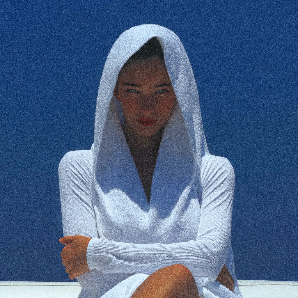 A person wearing a white hooded garment with their arms crosseded.