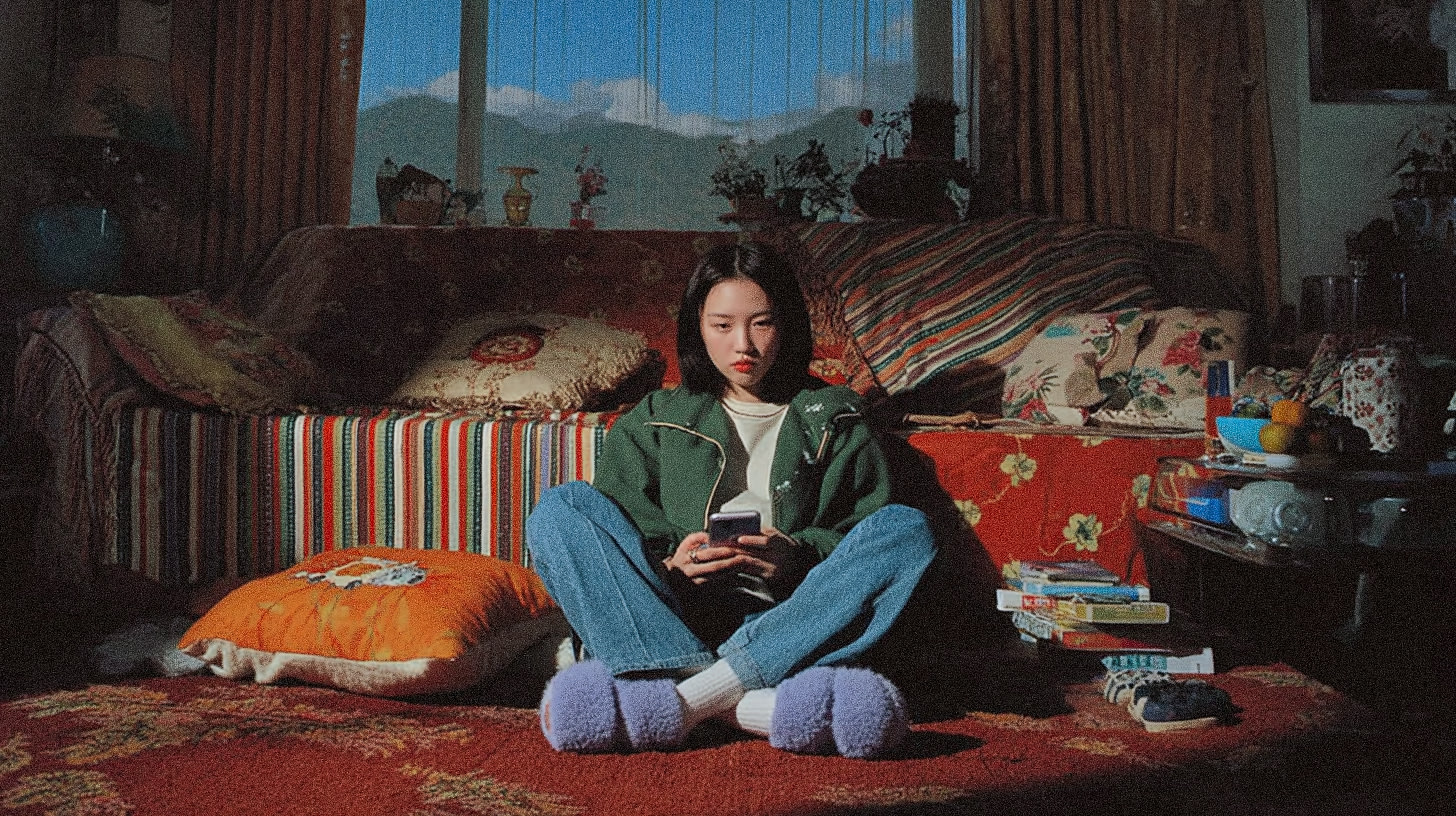 A person sitting on a colorful couch with a phone in hand.