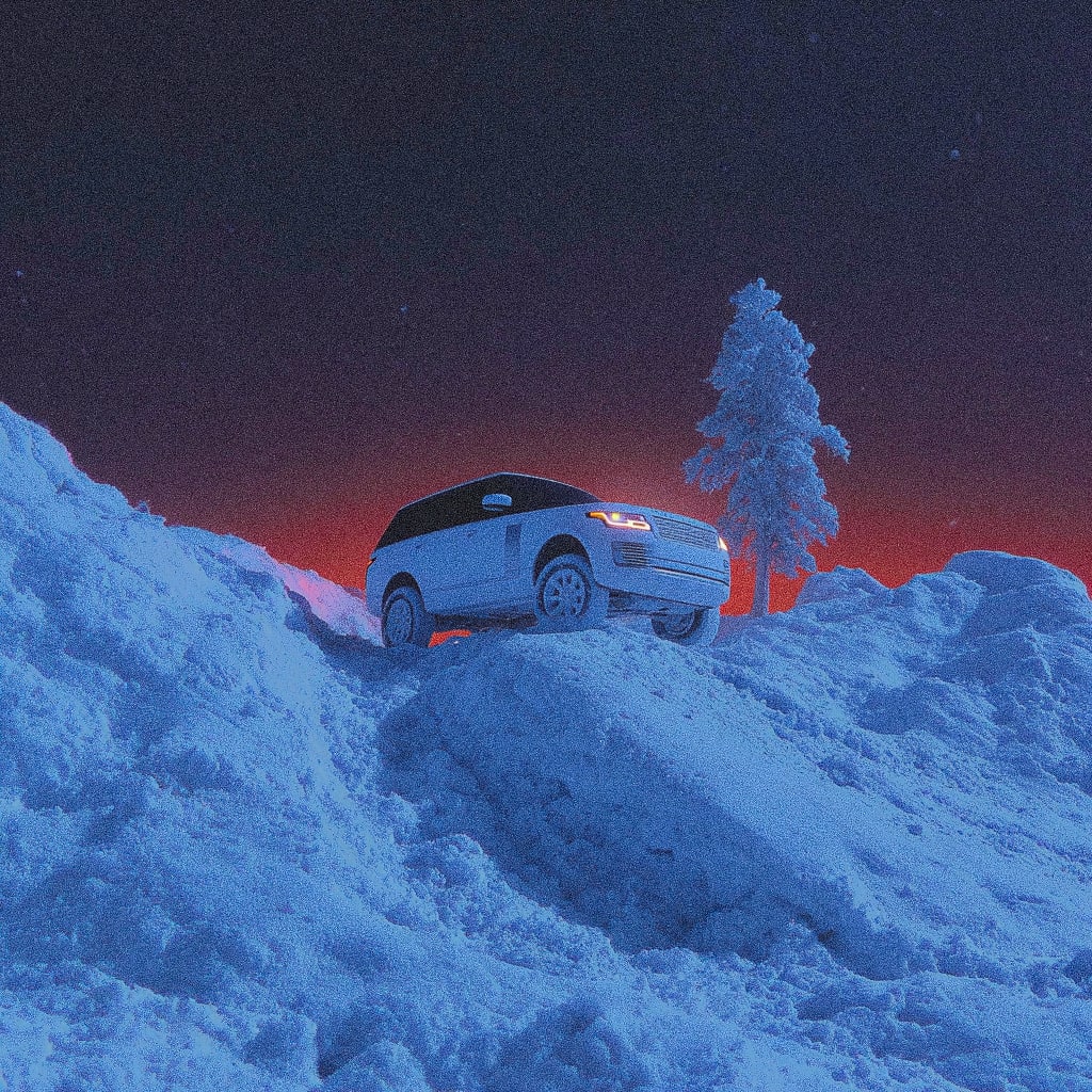 A white SUV drives through a snowy landscape at night.