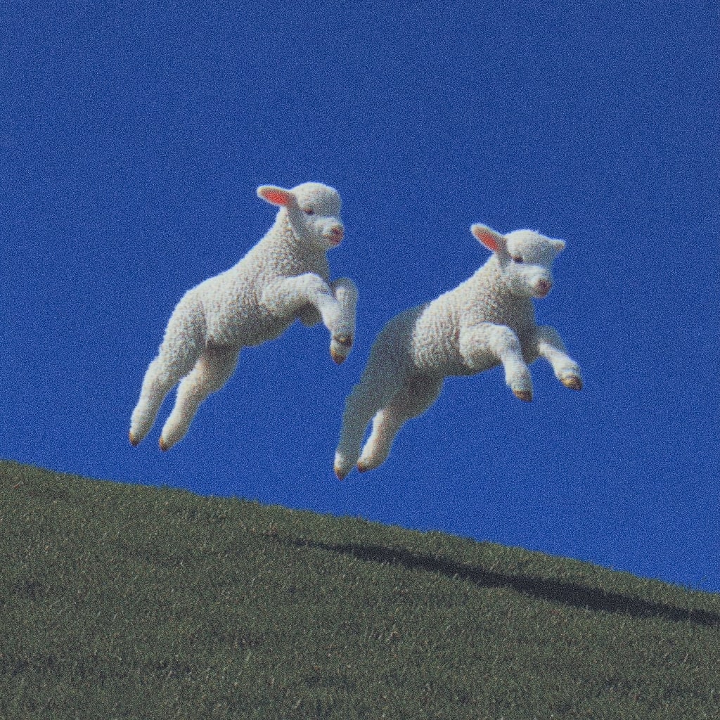 Two fluffy white lambs jumping in the air against a clear blue sky.