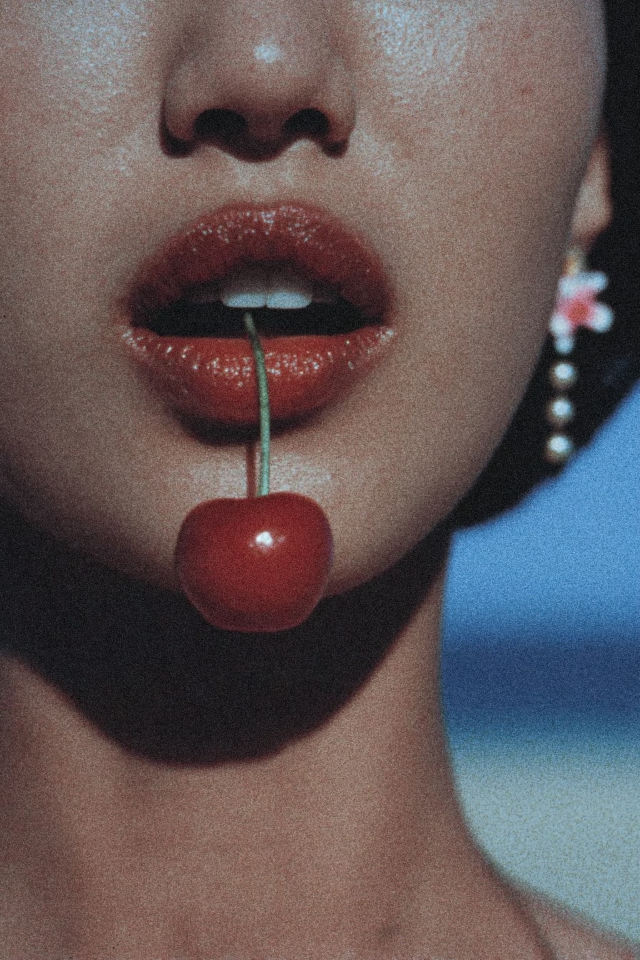 A close-up of a person's lips with a cherry between them.