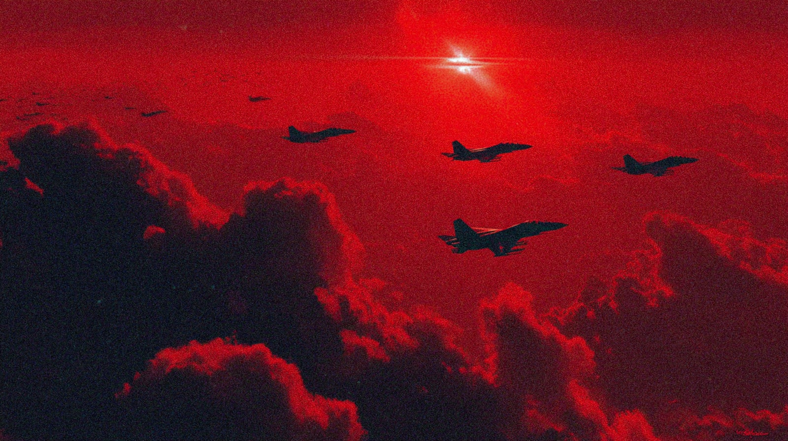 A group of airplanes flying in a red sky with a bright light in the background.