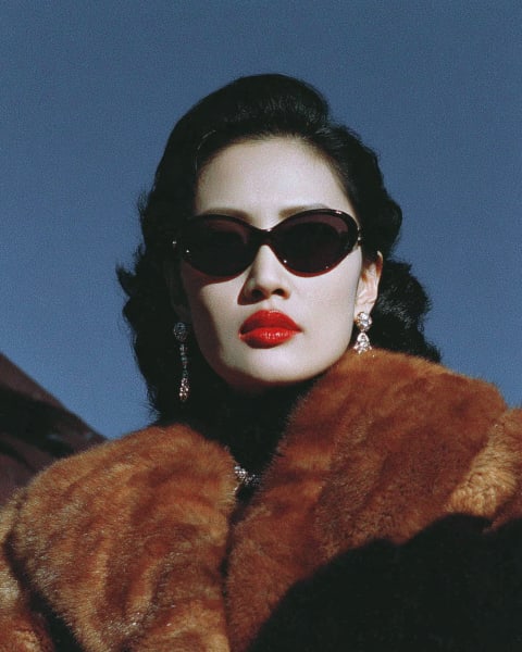 A person wearing sunglasses and a fur coat.