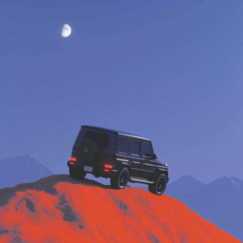 A black SUV on a red hill under a blue sky with the moon.