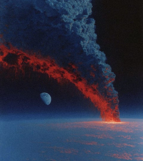 A dramatic scene of a volcanic eruption with a glowing red lava flow and a dark cloud of ash.