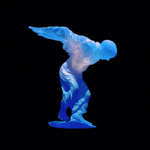 A glowing blue figure in a dynamic pose against a black background.