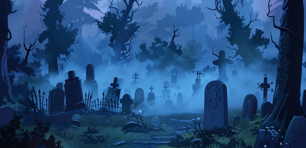 A spooky cemetery in the mountains at night with crooked tombstones and creepy trees.