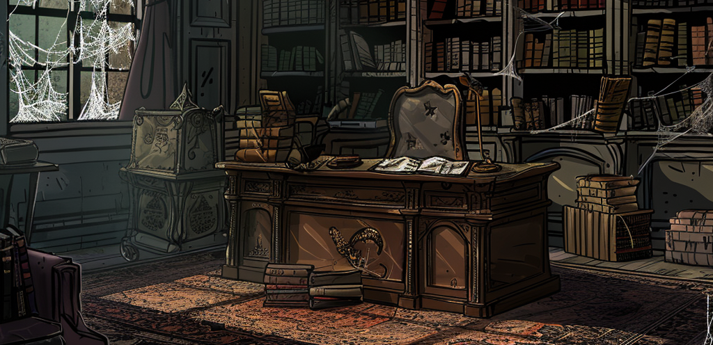 An old, dusty, cobweb filled study. A large desk sits in the center with a large, leather chair behind it. The walls are lined with bookshelves filled with books and various trinkets. A large window, covered in cobwebs, lets in the moonlight from outside.