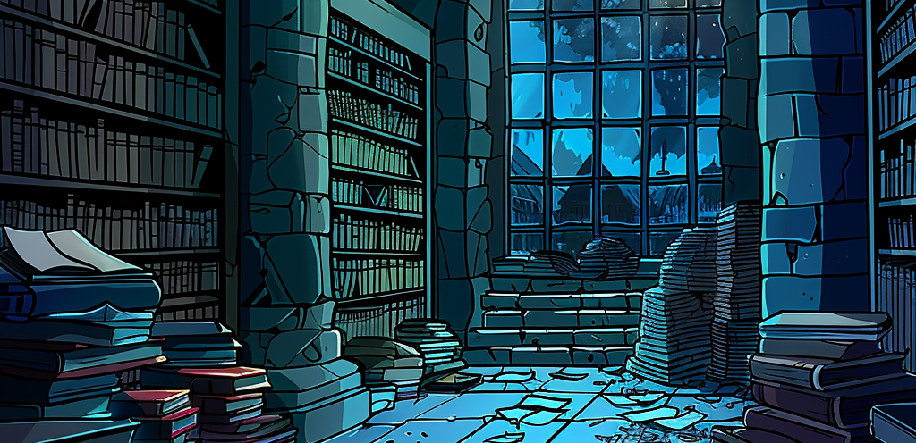 An old library with stone walls lined with bookshelves filled with books and various trinkets. Pale moonlight filters in through the large windows on the far wall.