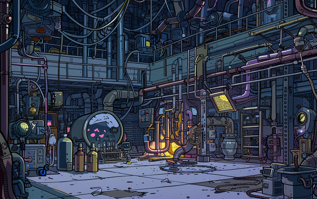 An old laboratory filled with all kinds of scientific equipment, large pipes, and various machines and gadgets.