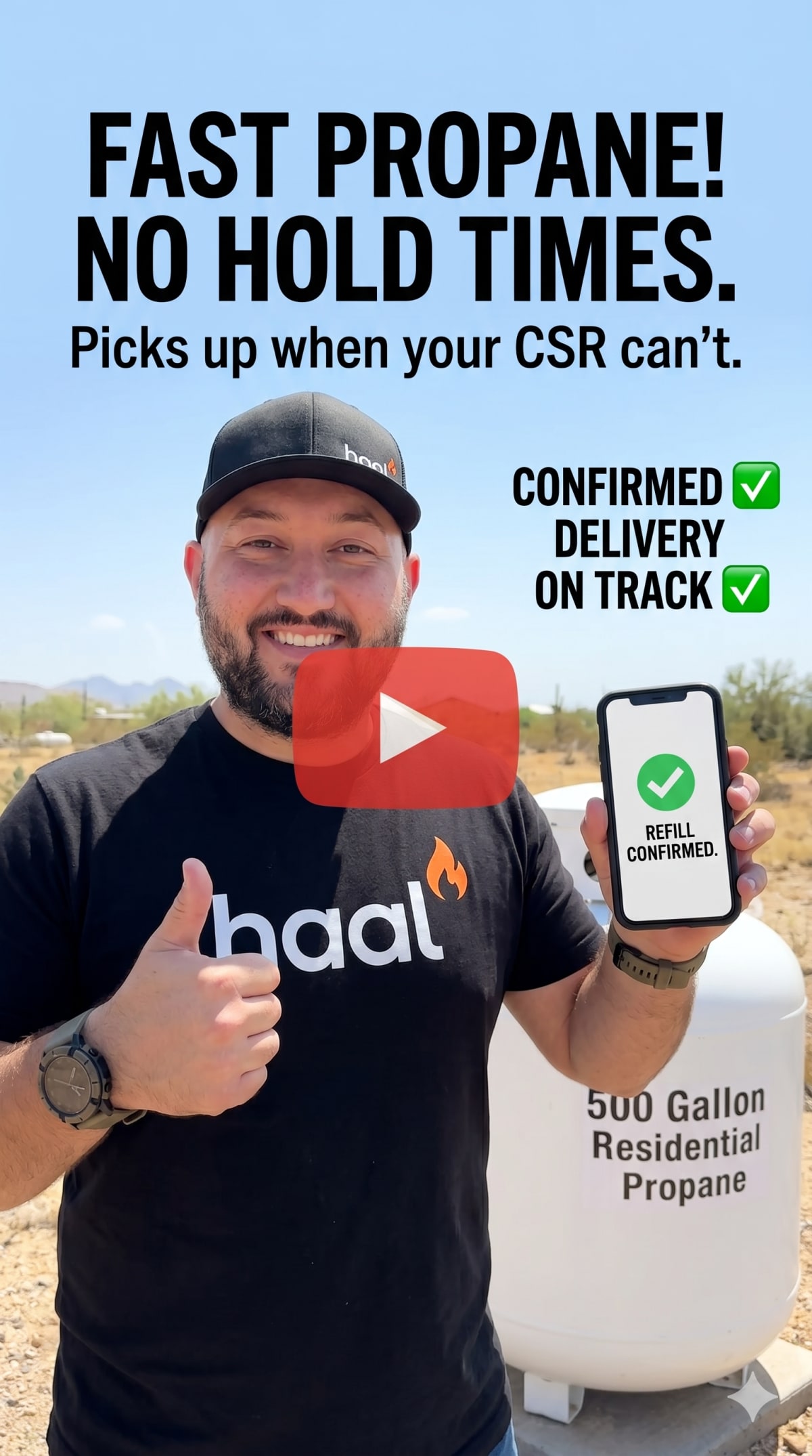 Kameel holding a phone with a refill confirmation, next to a 500-gallon propane tank