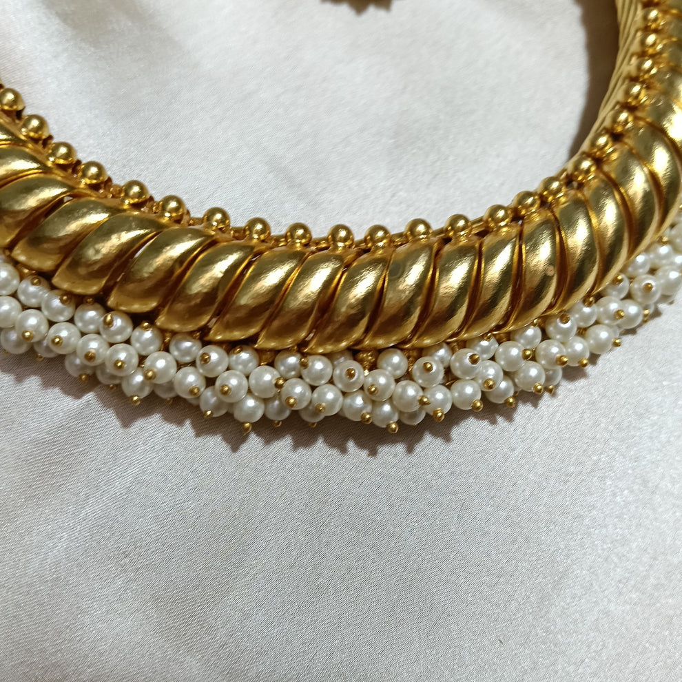 Gold Plated Sutarla (sutlada) Necklace with Pearl Povli & Crocodile Edge View 2