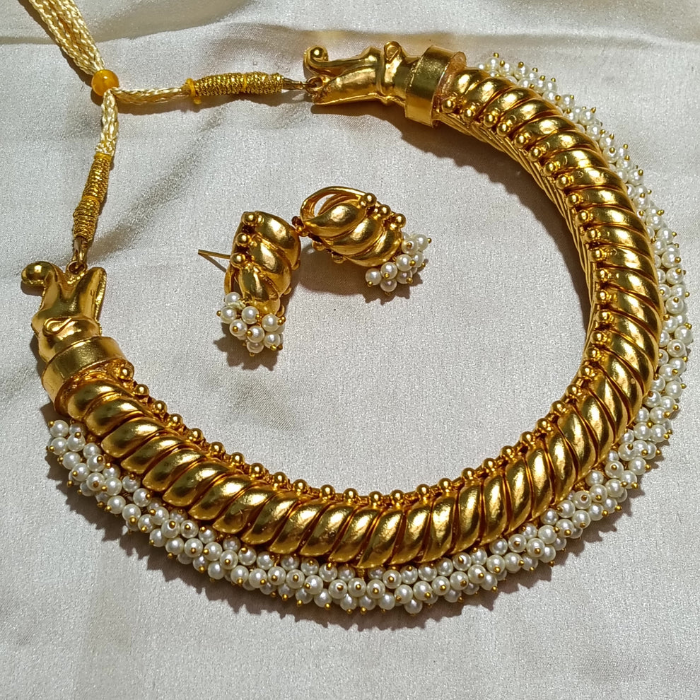 Gold Plated Sutarla (sutlada) Necklace with Pearl Povli & Crocodile Edge