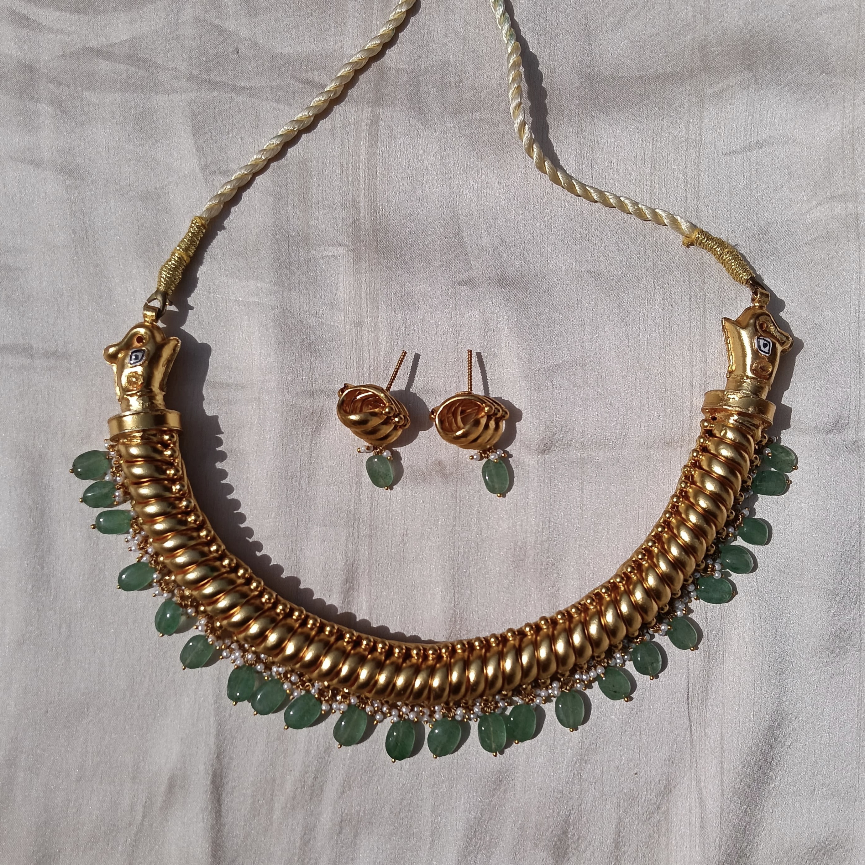 Gold Plated Hathi Mukh Sutarla (Sutlada) Necklace with Green Beads & Small Pearls