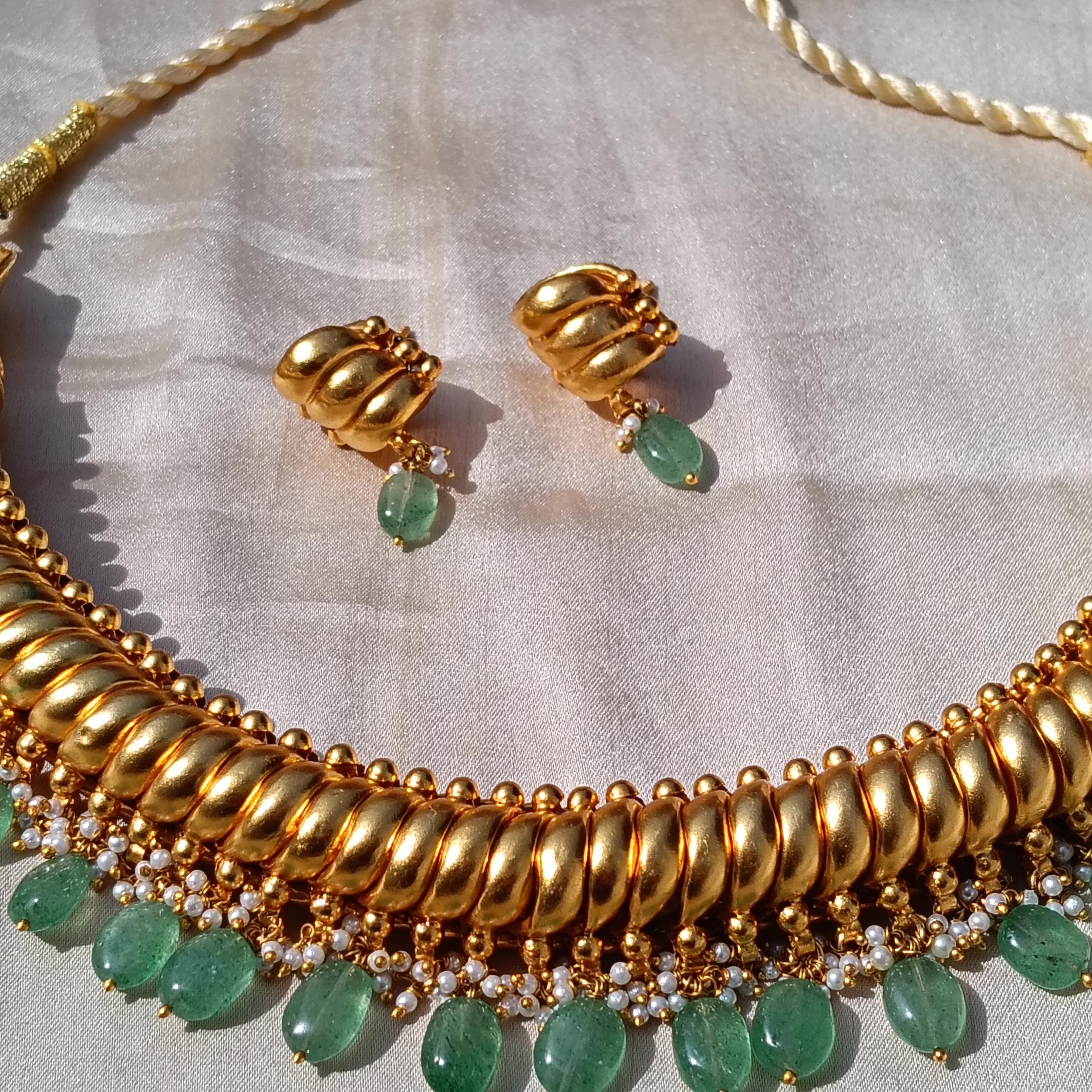 Gold Plated Hathi Mukh Sutarla (Sutlada) Necklace with Green Beads & Small Pearls View 2