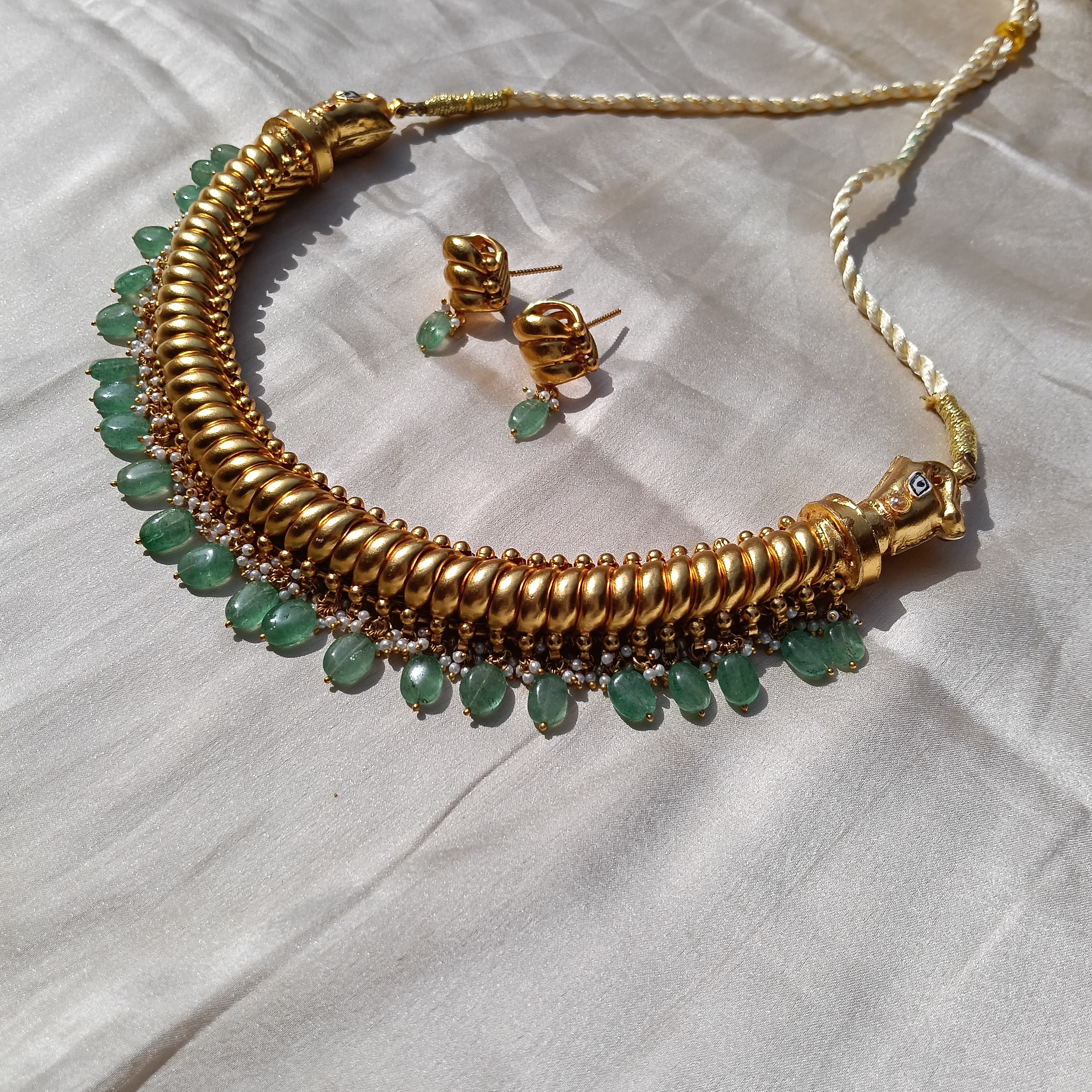 Gold Plated Hathi Mukh Sutarla (Sutlada) Necklace with Green Beads & Small Pearls