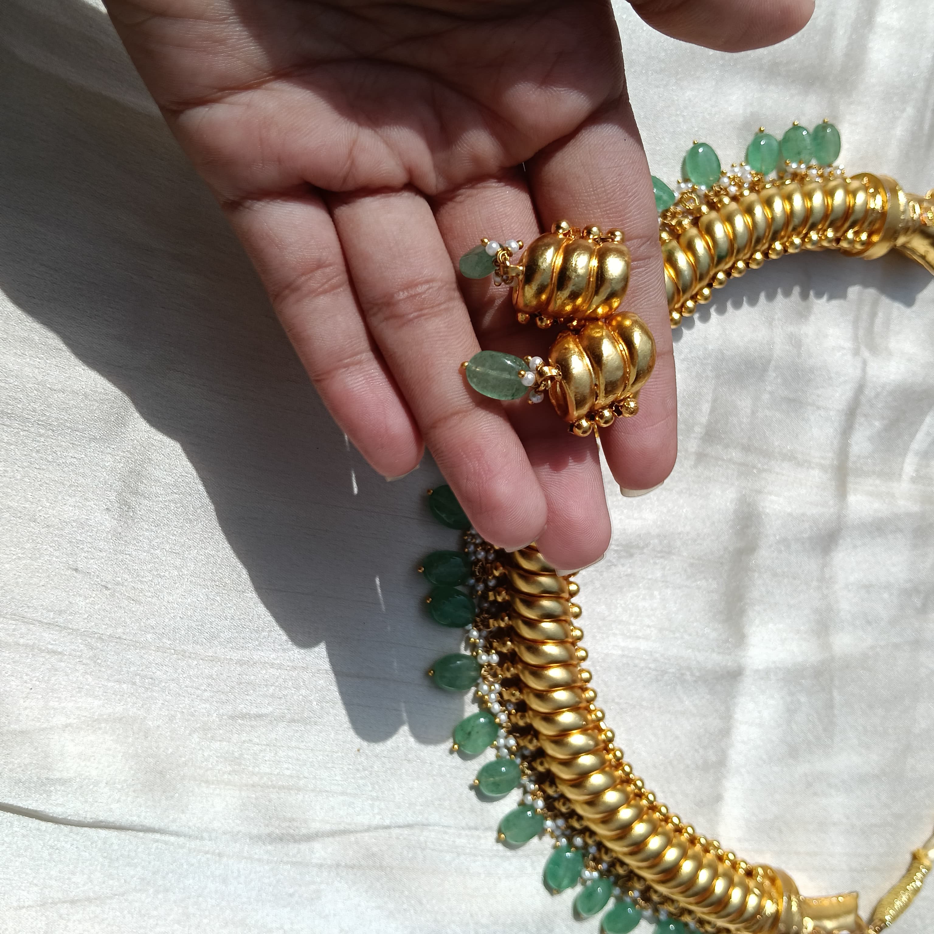 Gold Plated Hathi Mukh Sutarla (Sutlada) Necklace with Green Beads & Small Pearls