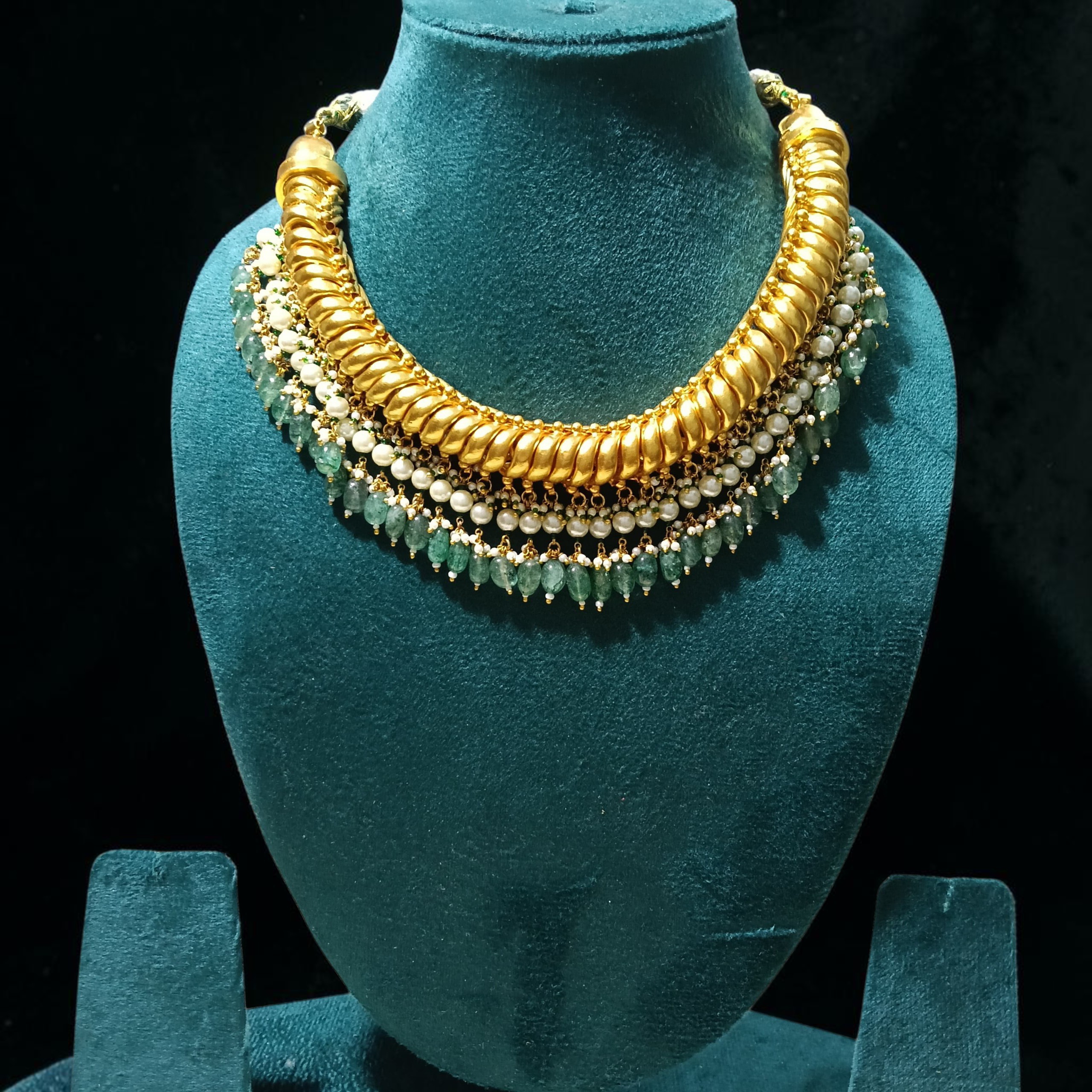 Gold Plated Sutarla (Sutlada) Necklace with Green Beads & Pearls