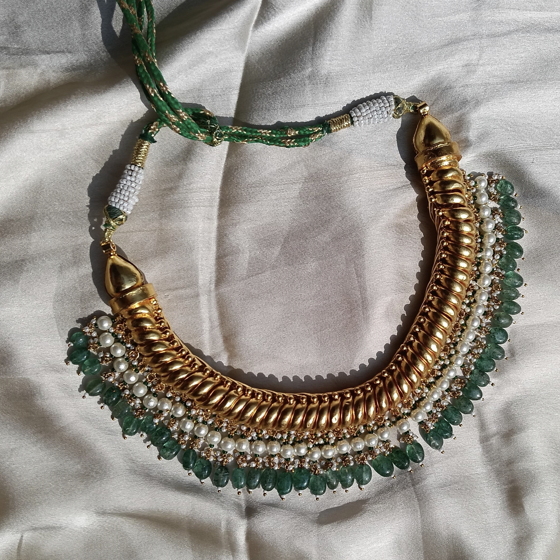 Gold Plated Sutarla (Sutlada) Necklace with Green Beads & Pearls View 2