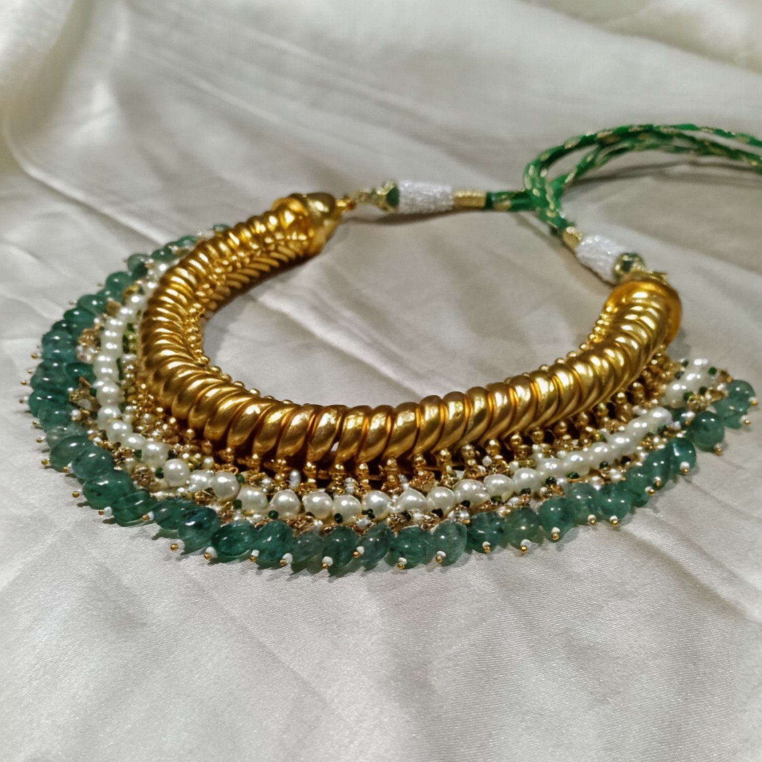 Gold Plated Sutarla (Sutlada) Necklace with Green Beads & Pearls