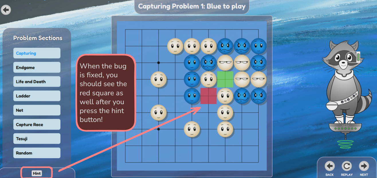 Hint button showing red squares on board