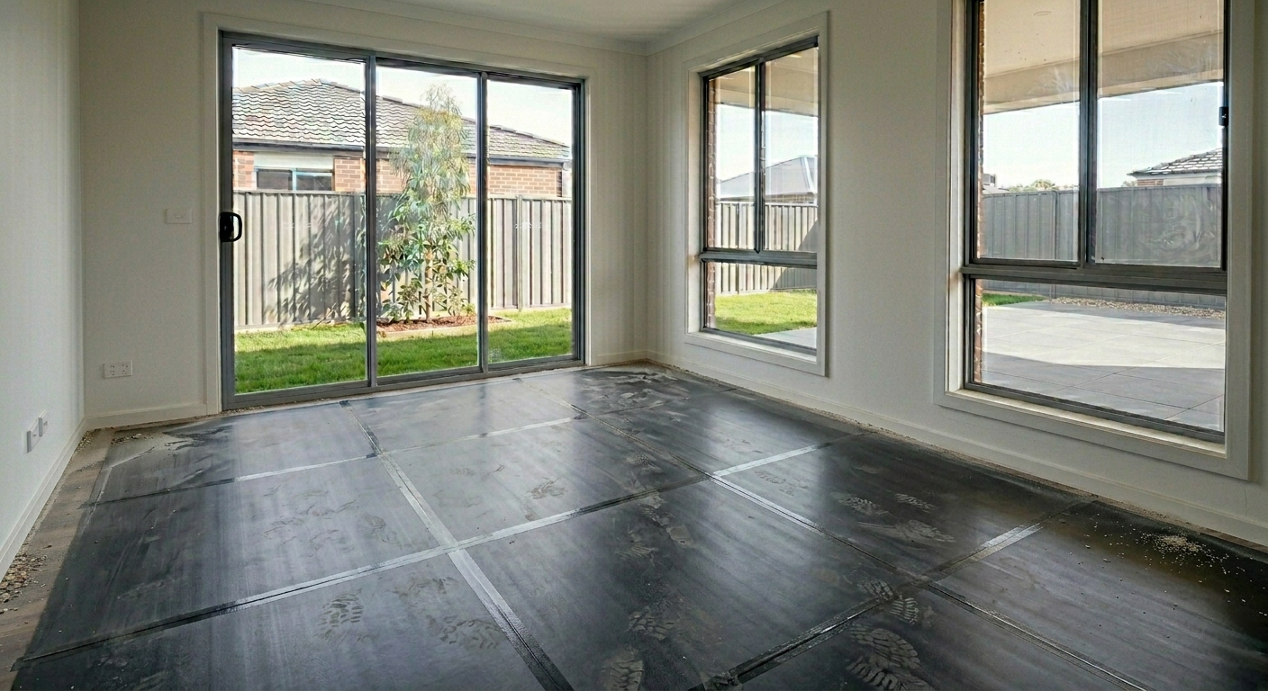 Living room before builders handover clean, Sydney NSW