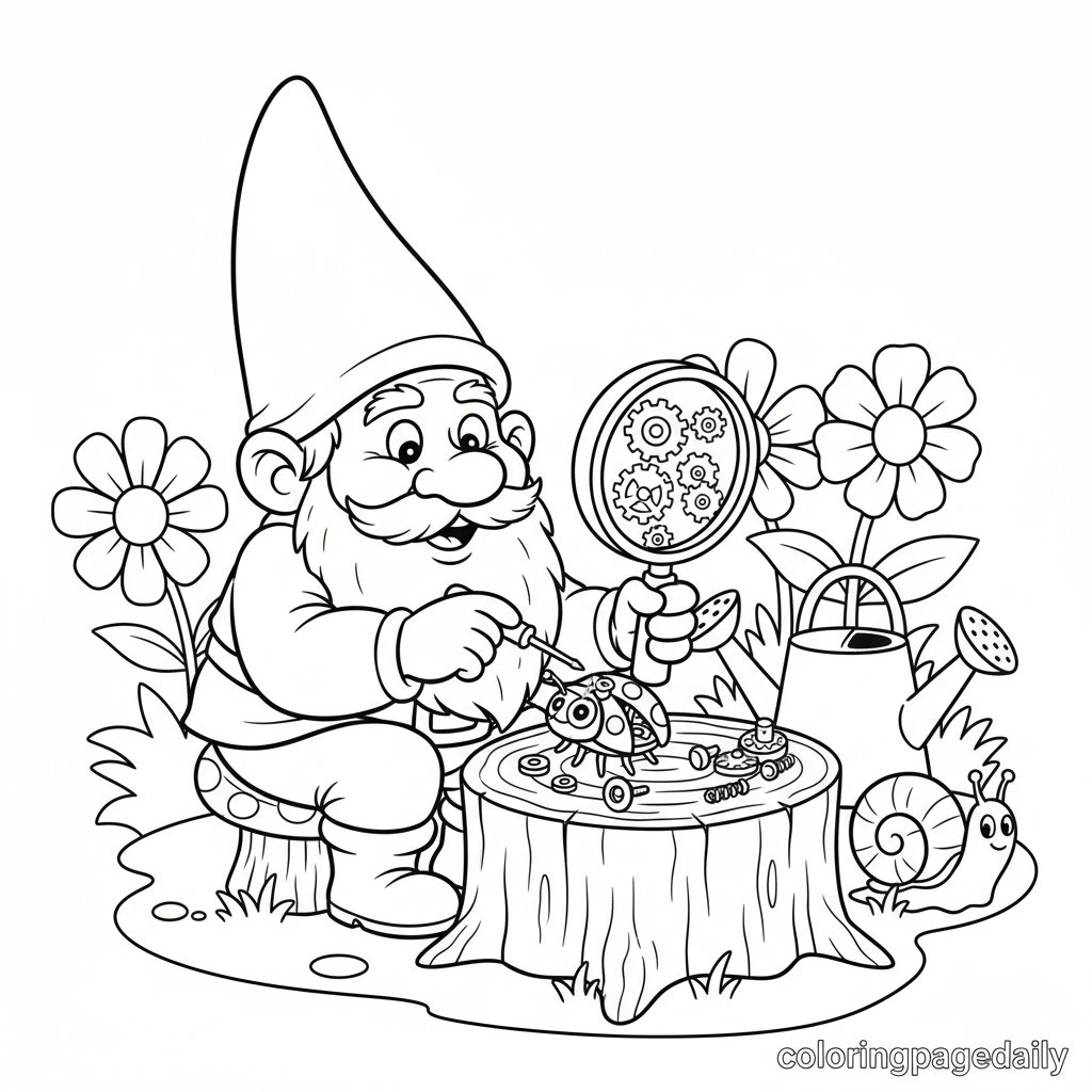 Gnome Invents a Clockwork Bug - Printable Coloring Page